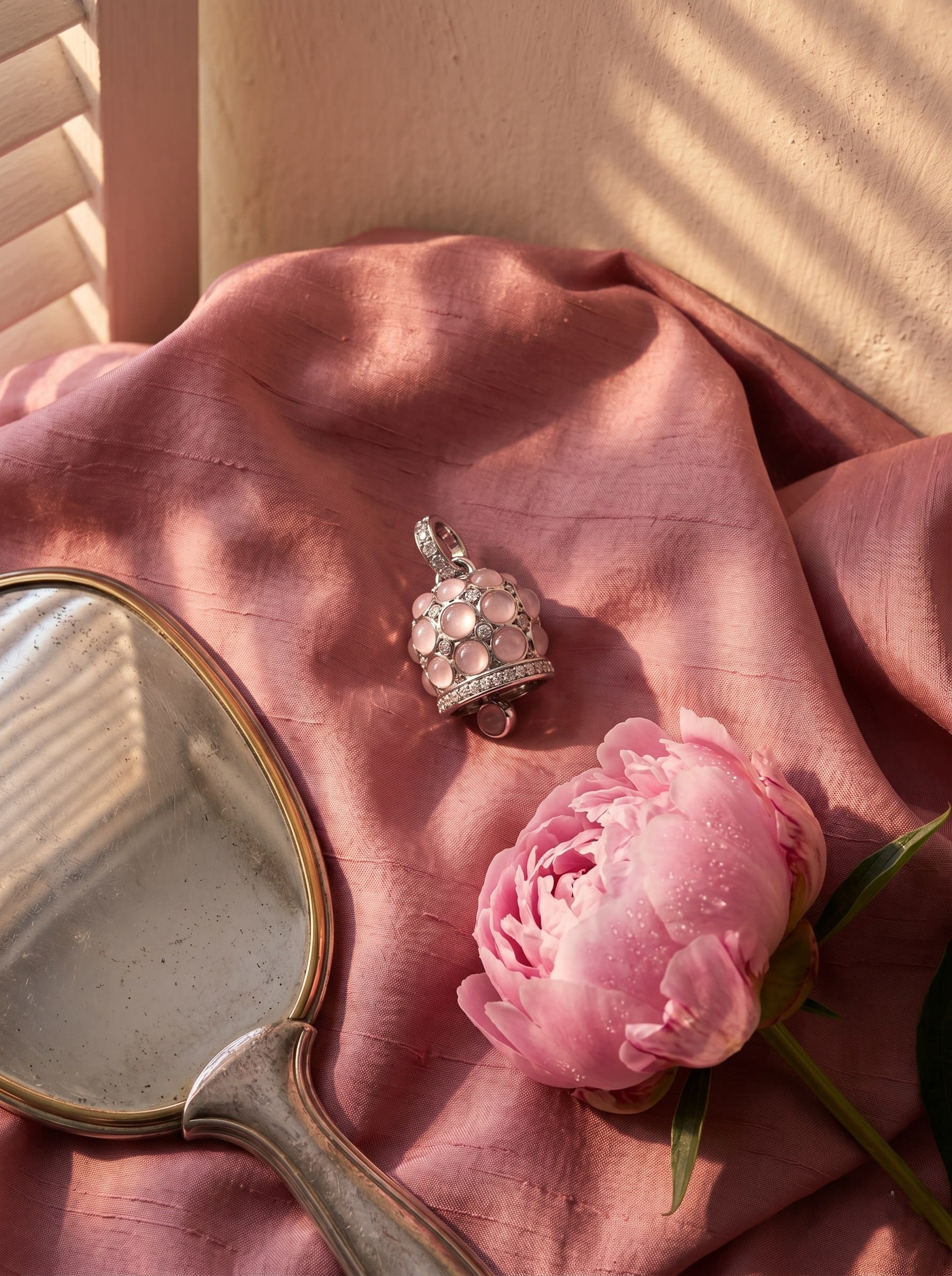 Pendente rosa su seta con peonia — Capri Bells