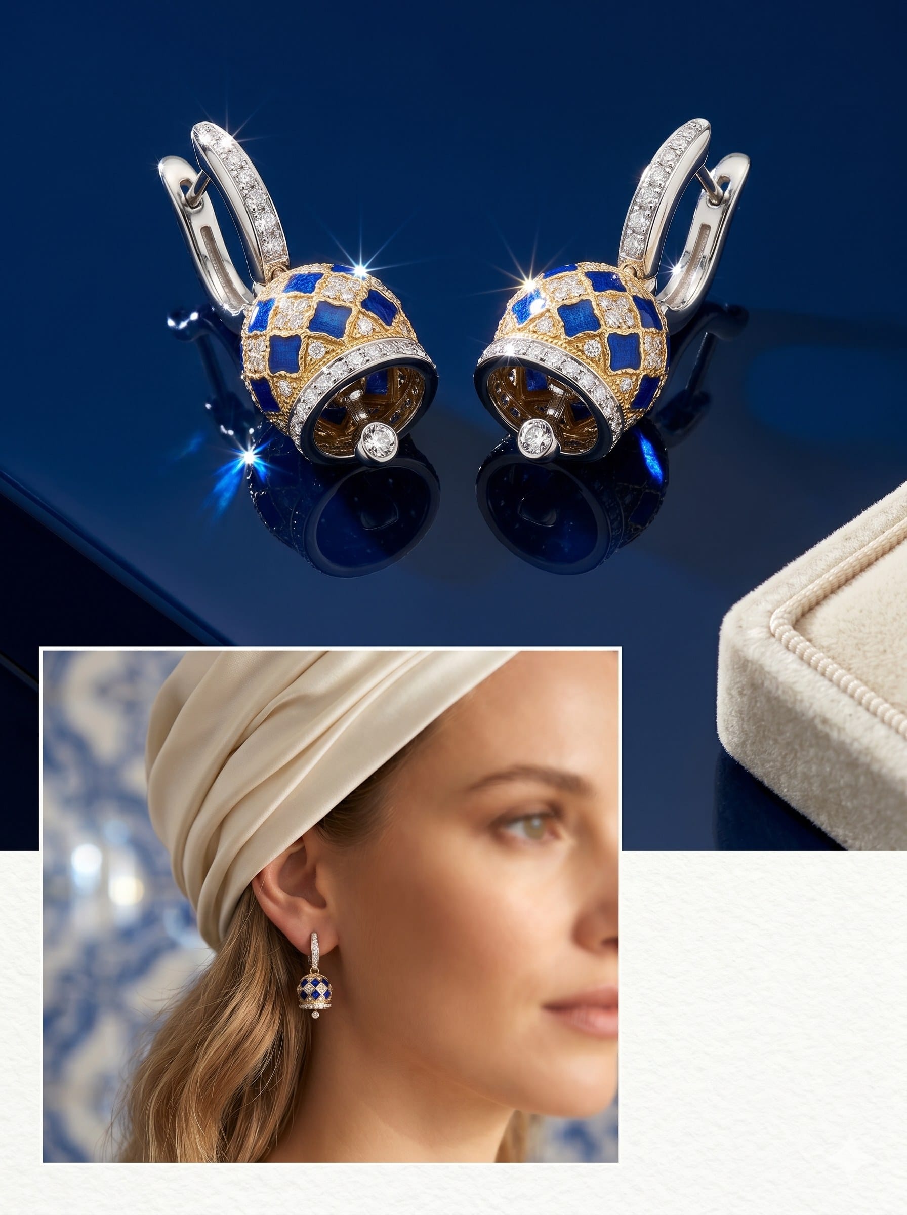 Modella con orecchini harlequin composite — Capri Bells