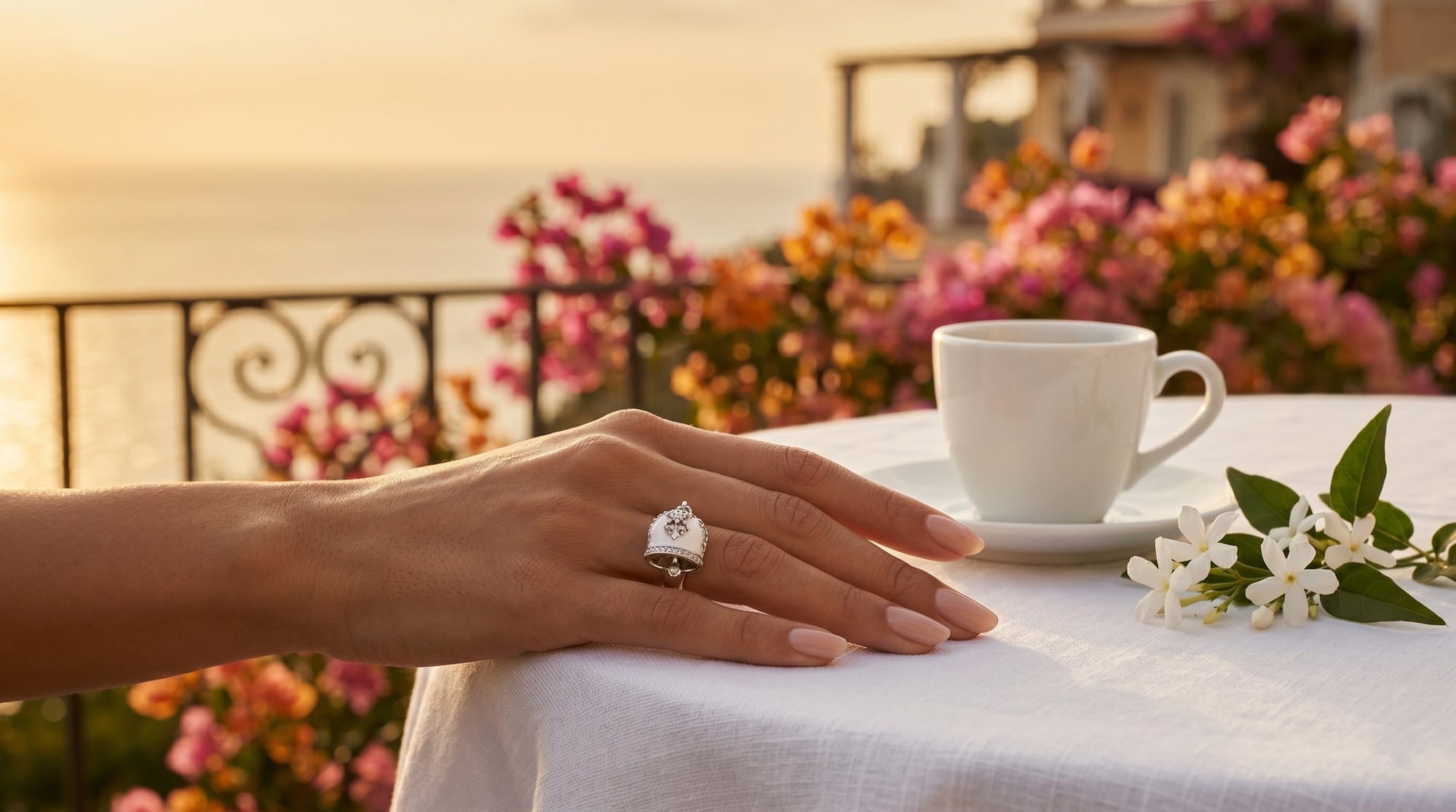 Mano con anello al tramonto, bougainvillea — Capri Bells