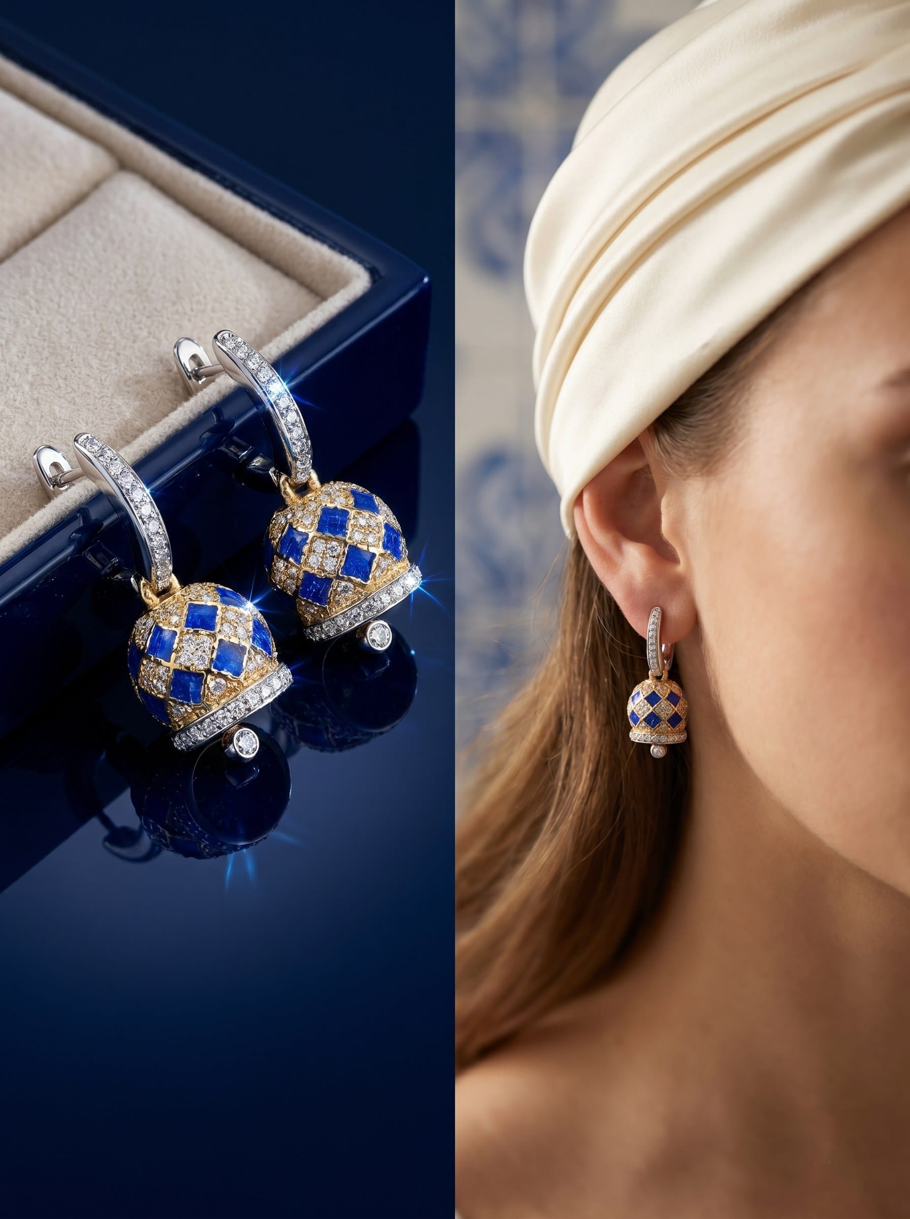 Profilo di modella con orecchini harlequin — Capri Bells